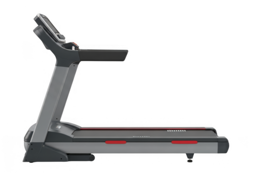 Modern gray and red fitness treadmill for home gym or commercial use, side view, isolated health equipment
