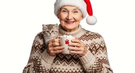Smiling elderly woman in a festive sweater and santa hat holding hot chocolate with kitten on shoulder, isolated on white background