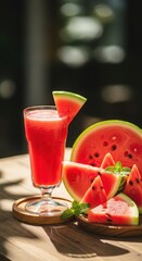 Refreshing vibrant watermelon juice and fruit slices on a rustic wooden table enjoying natural sunlight
