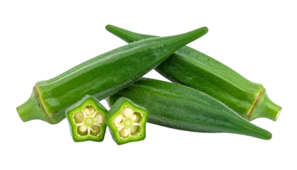 Close-up of green, okra pods and a cross-section showing internal structure
