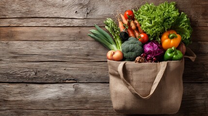 Reusable tote bag overflowing with various fresh and healthy groceries from farmer's market