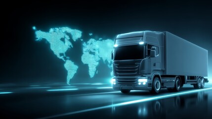 Global shipping truck on highway with world map transport truck symbolizes worldwide freight and delivery