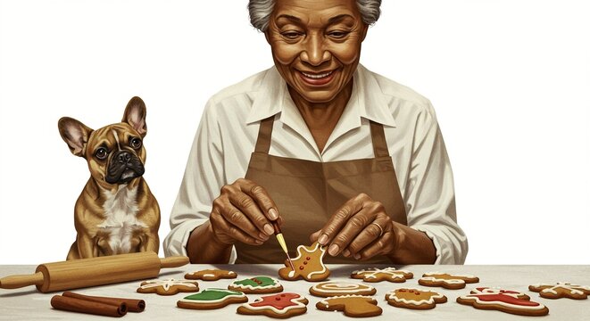 Smiling senior woman decorating gingerbread cookie with icing while cute french bulldog watches closely, isolated on white background - Powered by Adobe