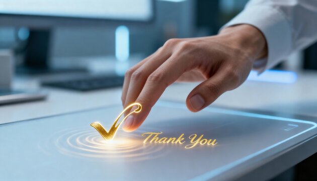 Hand touching digital screen with message "Thank You" concept of New Year and Christmas  