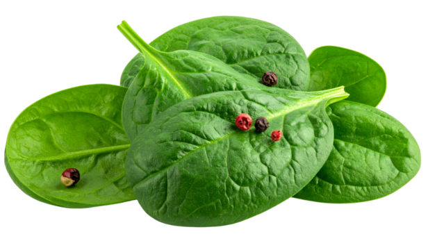 Close-up of fresh, vibrant green spinach leaves, with a few peppercorns scattered