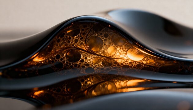 Abstract black liquid with golden bubbles in wavy shapes   - Powered by Adobe