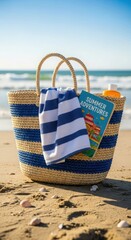 Striped straw beach bag with towel book and sunscreen on sandy beach with ocean background