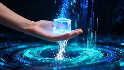 Hand holding glowing digital cube surrounded by flowing data particles  