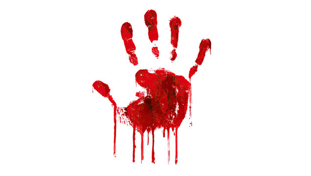 Bloody handprint drips red liquid down a black background