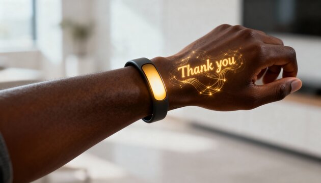 Black man's arm displaying glowing "Thank you" message indoors - Concept of Epiphany  