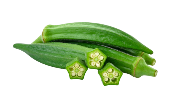 Close-up of several whole and sliced vibrant green okra pods, isolated on black