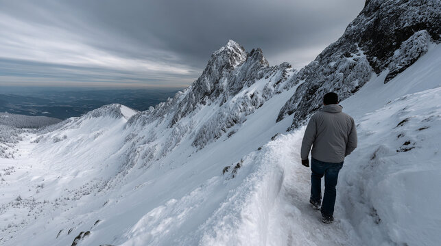 Hiker walking through snowy mountain.