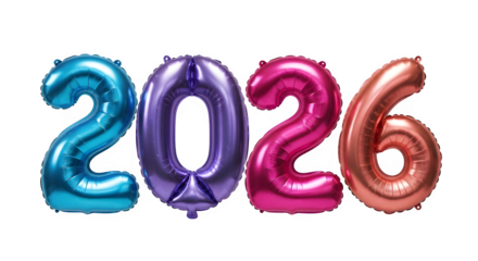Colorful foil number balloons forming 2026 isolated on transparent background