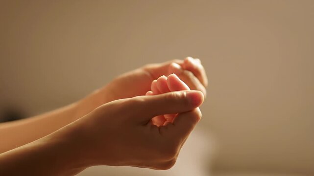 Close up of a person's hands clasped together in a gesture of prayer, gratitude, or pleading. Gentle sunlight casts a warm glow on the scene