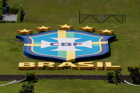 The CBF logo is prominently displayed at the Granja Comary football complex. Headquarters and main training center for the Brazilian national football team. TERESOPOLIS, RIO DE JANEIRO, BRAZIL