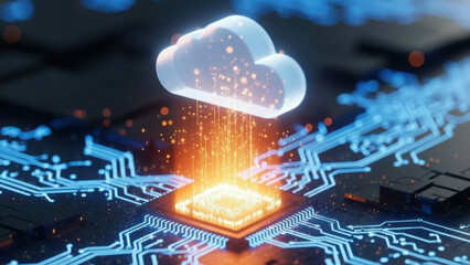 Cloud computing data transfer to processor on glowing circuit board, digital technology.