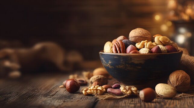 Assortment of various shelled and unshelled edible kernels fills a dark rustic bowl upon weathered wooden surface