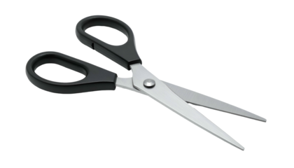 Close-up studio shot of a pair of scissors with black handles, set against a black backdrop
