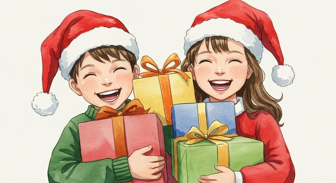 Two happy children wearing santa hats holding colorful wrapped christmas presents with big smiles