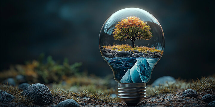 Lightbulb holding a vibrant natural landscape scene Generative AI