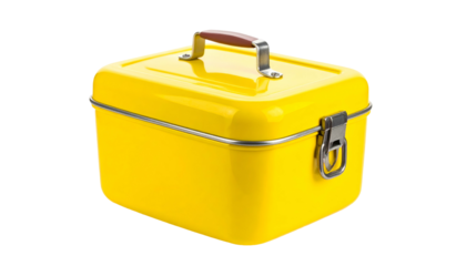 A vibrant yellow metal lunchbox, square shaped, with a handle and clasp, isolated on black