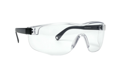 Close-up of transparent protective eyewear with black arms and nose bridge