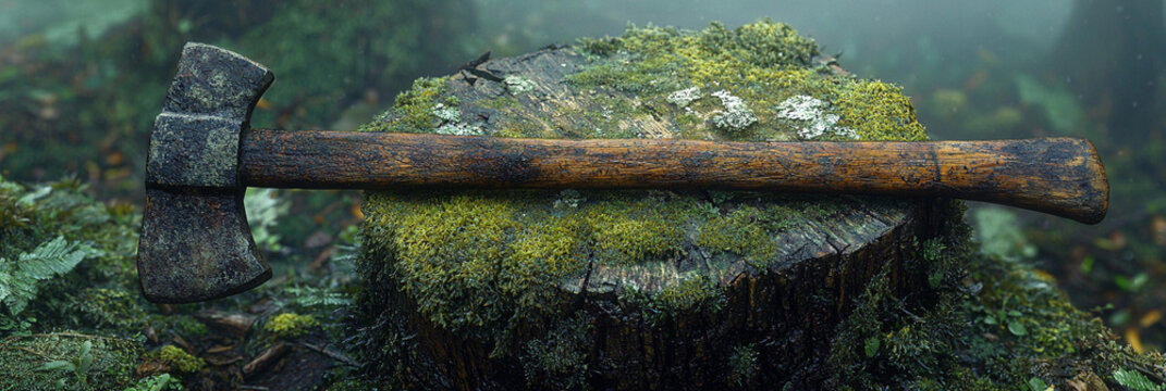 Old ax resting on a mossy tree stump in a forest Generative AI - Powered by Adobe