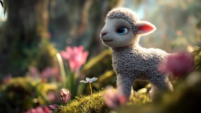 Animated lamb stands amidst lush greenery in a fantasy environment
