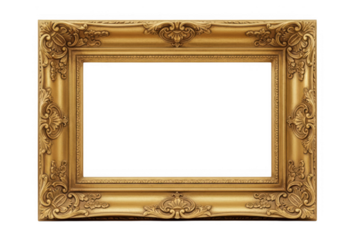Ornate antique golden picture frame with intricate baroque carving details, elegant empty classic border design.