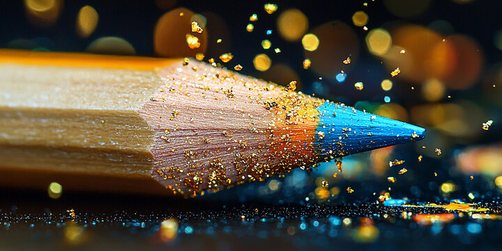 Close-up view of a sharpened wooden pencil tip with glitter Generative AI