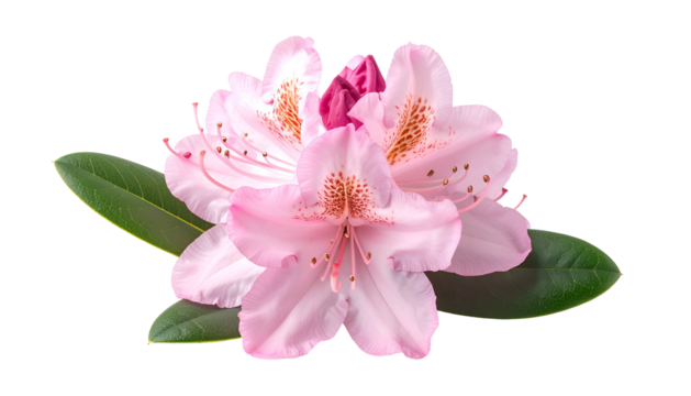 Close-up of delicate pink flower with green leaves, isolated on a transparent background
