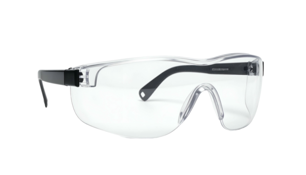 Close-up of transparent protective eyewear with black arms and nose bridge