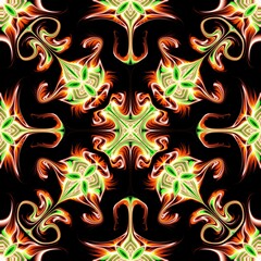 Fractal flameburst textile pattern in green and red on black background. Great for UV fabric prints, tablecloths, or cyber-fantasy home decor.