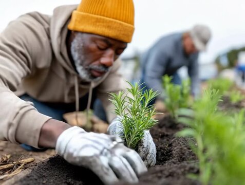 Gardening and planting herbs in community garden on a sunny day