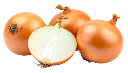 Four golden onions, one cut in half, displayed against a black, transparent background