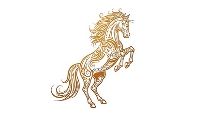Fototapeta premium A stylized vector of a golden horse rearing up with fiery effects glowing around its body, centered on a plain white background 