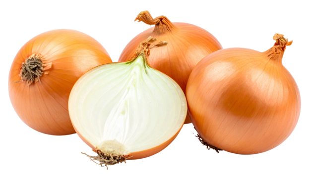 Four golden onions, one cut in half, displayed against a black, transparent background