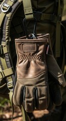 Rugged brown leather work gloves hanging from an outdoor backpack representing utility protection and adventure travel