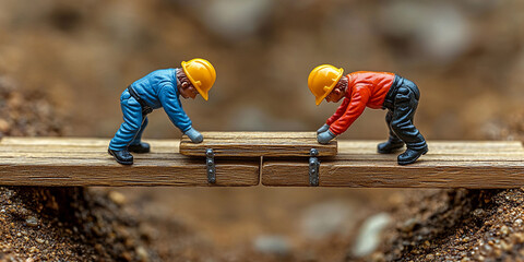 Miniature construction workers building a wooden bridge Generative AI