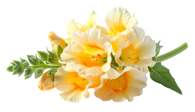 Close-up of delicate yellow and cream-colored blooms with green buds and foliage