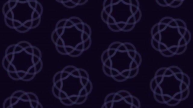 A symmetrical pattern of interconnected overlapping circles on a black background. The circles, linked by lines forming a continuous loop, create a harmonious and balanced design