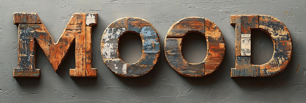 Wooden block letters spell out the word mood on a gray surface Generative AI