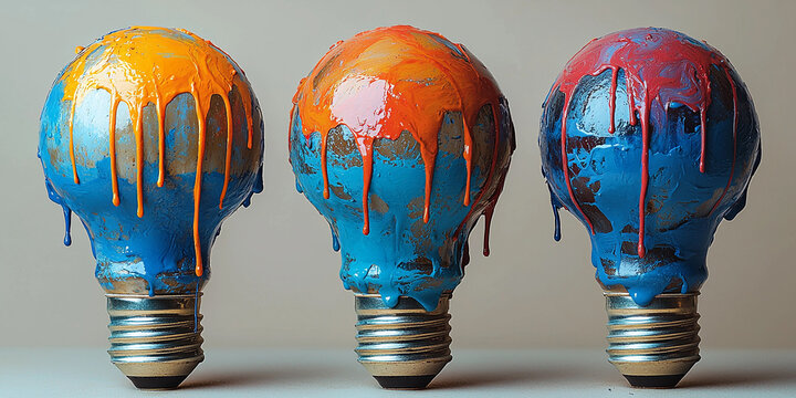 Dripping colorful lightbulbs with vibrant paint patterns Generative AI