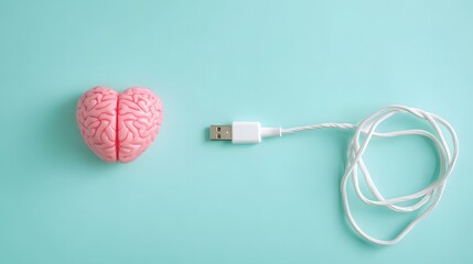 Pink heart shaped brain model rests near a coiled white data cable on a light blue surface