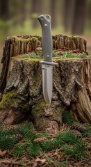 Rugged fixed-blade knife textured handle planted into old mossy tree stump representing outdoor survival challenge