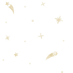 Seamless Star watercolor pattern with comets and celestial elements. Sky childish background for nursery wallpaper and dreamy sky bed linen. Art of backdrop for textile baby design.