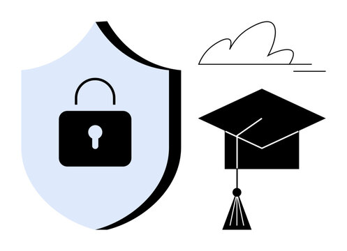 Shield with lock symbol beside graduation cap under a simple cloud sketch. Ideal for education, online learning, data security, academic success, innovation, knowledge, or privacy. Simple flat