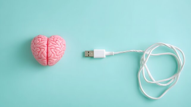 Pink heart shaped brain model rests near a coiled white data cable on a light blue surface