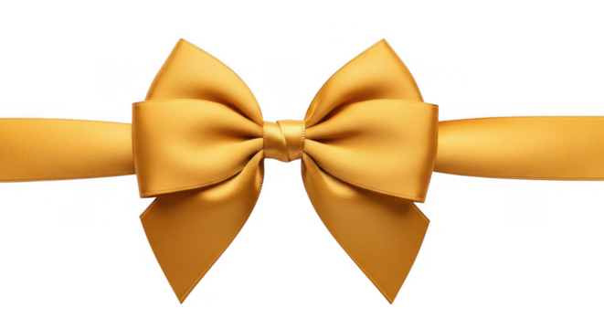 Golden satin bow tied around a package with a luxurious ribbon, perfect for gifts, celebrations, and festive designs.