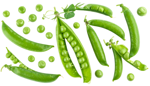 Close-up of scattered green peas, pods with open shells and leaves against a black background